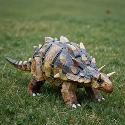 a stegosaur made of plastic, in a grass field, brutalist style, dslr, soft lighting