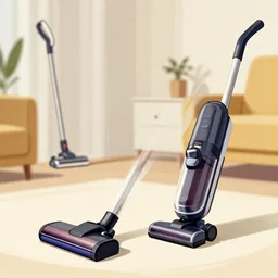angled views of a vacuum cleaner in a home interior, octane render, vray, perspective, motion graphics, detailed, editorial illustration, halftone texture, risograph, dynamic pose, matte print, grainy light, ( ( dither ) ). [ abstract background! ], high contrast, silver + red + black + beige