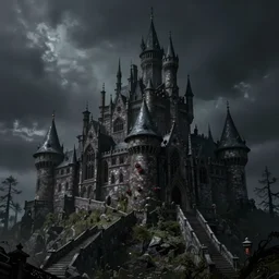 a fantasy goth castle on hill, digital art, photorealistic, dark, smooth, sharp focus, artgerm, alphonse mucha