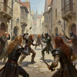 an exciting fantasy street battle within a fascinating old city, narrow streets, old buildings, by Sylvain Sarrailh,  cinematic, simple but effective composition, clean lines, beautiful digital painting, oil painting, ultra photo-real render, great character design, dungeons and dragons, lord of the rings,  close up characters, fantasy races