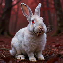 a shaved rabbit with translucent veiny skin large decayed yellowing buck teeth hang jagged from a protruding nose and red glowing eyes of despair sitting in a moody dusk red forest extreme atmospheric scary award winning