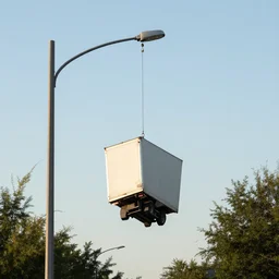 truck dangling from atop a street light pole