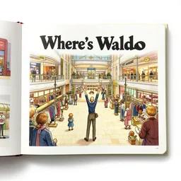 where's waldo book page highly detailed, mall setting