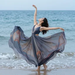 a woman dancing over the ocean, beautiful, surreal dress