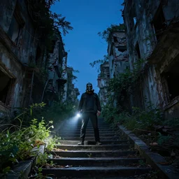A misterious man wearing a gas mask using a flashlight is standing on the midle of a stair alley looking in the direction of the camera :: outside, blue sky visible :: Ruined city with vegetation and trees growing all over the place in the distroyed buildings :: apocalyptic, disolate :: A long shot, low angle, dramatic backlighting, simetric photography, night time, slighty colorful :: cinematic shot, very detailed