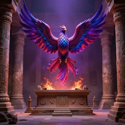 single centered phoenix rising up from the ashes, ultra realistic, purple red blue colors, in the middle of a temple's altar