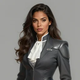 Portrait of a woman by Greg Rutkowski, she is about 30 years old, mulato, long wavy hair, attractive and beautiful, she is wearing a futuristic lawyer outfit, highly detailed portrait, scifi, digital painting, artstation, concept art, smooth, sharp foccus ilustration, Artstation HQ