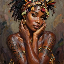 expressive oil painting, of alluring jamaican handmaiden, smooth glowing skin, oiled body, s submissive, hazel eyes, love, adoration, ornate headpiece of african tassels, heavyily tattooed, glamour shot, by yoshitaka amano, by greg rutkowski, by jeremyg lipkinng, by artgerm, digital art, octane render