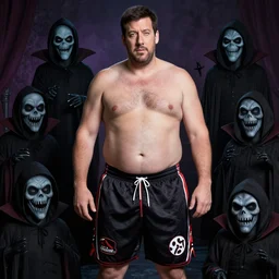 fat gamer adam sandler wearing gamer shorts. surrounded by goth vampire shartys