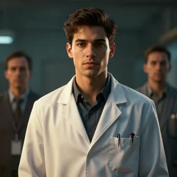 a cinematic shot of young man wearing a lab coat, face, handsome, mixed race, octane render, volumetric lighting, nvidia raytracing demo, by Andy Thomas, Mario Martinez, Daniel Mirante, Gustave Dore, Artstation, CGsociety, masterpiece