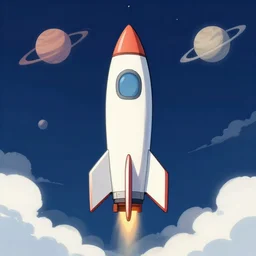 a frontal drawing of a rocket centered with a dark blue background and clouds and planets by inio asano, beeple and james jean, aya takano color style, trippy, 4 k, super detailed, night sky, digital art, digital painting, clean