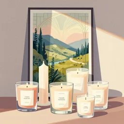 illustration with a set of beautiful scented candles by tomer hanuka, an art deco painting by tom whalen, interior, trending on behance, grainy texture, flat shading, vector art, airbrush, pastel, watercolor, poster