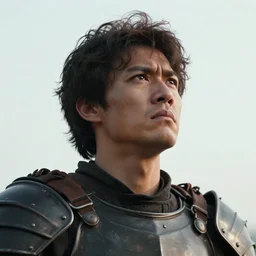 close up picture of a male warrior looking at the sky, angry, sad, rugged, black plate armor, simple, brown skin, messy curly hair, unkempt beard, highly detailed, detailed face, smooth, sharp focus, chiaroscuro, manga illustration, artgerm, greg rutkowski, alphonse mucha, young adult light novel cover art