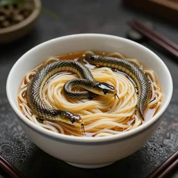 a realistic bowl of noodles but the noodles are snakes