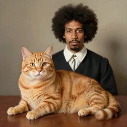 fat orange tabby cat, man with afro in american gothic by grant wood