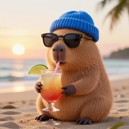 a photorealistic photograph of a knitted cute Capybara dressed in sunglasses and a blue beanie cap. The subject is sipping a refreshing Mai Tai cocktail drink at the beach during sunset. The image is Trending on Artstation, featured on Behance, well-rendered, extra crisp image, intricate detail, Unreal Engine, 4K HD