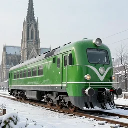 hybrid of steel streamline retro train and gothic cathedral church, green locomotive lantern, streamline style, art Deco style, high details,Gothic style, octane render, 8k, artstation, diselpunk, snow