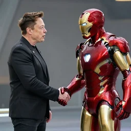 a still film of elon musk shaking hands with iron man in new avengers movie, 4k