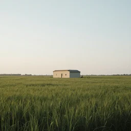 A serene landscape with a singular building in the style of John Blanche.