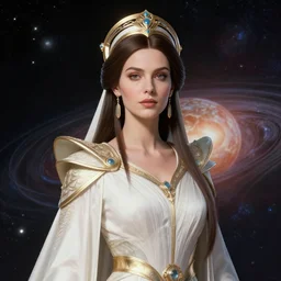 portrait of the powerful empress of the solar system in the style of anna dittmann and in the style of jean - honore fragonard. glowing, ornate and intricate linework, stunning, dynamic lighting, ultrafine and hyperdetailed.