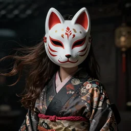 a Photorealistic dramatic fantasy render of a beautiful mix cara delevingne wearing a beautiful intricately detailed Japanese Fox Kitsune mask and clasical Japanese Kimono by WLOP,Artgerm,Greg Rutkowski,Alphonse Mucha, Beautiful dynamic dramatic dark moody lighting,shadows,cinematic atmosphere,Artstation,concept design art,Octane render,8K