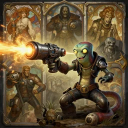 earthworm jim shooting his blaster, sci - fi, gritty, shadowrun, league of legends splash art, heroes of the storm splash art, hearthstone splash art, world of warcraft splash art, overwatch splash art, art by artgerm, art by alphonse mucha, intricately detailed, highly detailed, trending on artstation, 4 k, wallpaper - 1 0 2 4