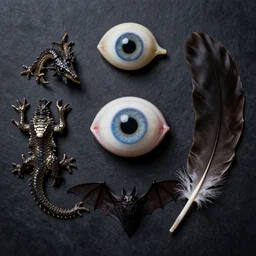 flat lay, knolling of the ingredients of a witch's brew, eye of newt, dragon scales, phoenix feather, wing of bat. high quality studio photograph in spooky style.
