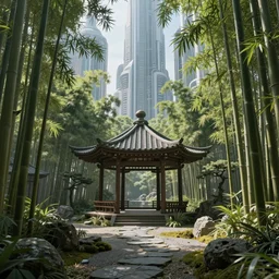 calming bamboo garden with japanese gazebo in the middle of a  futuristic megacity, sci-fi, matte painting, concept art, style by dylan cole, intricate details