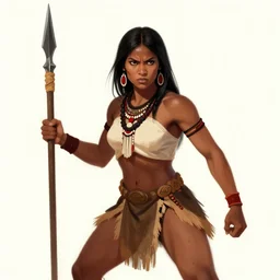 a tribal woman holding a spear, menacing posture, digital art
