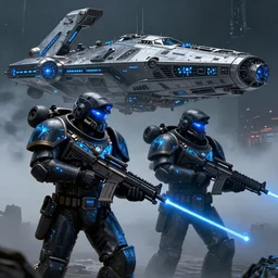 A very detailed sketch of two soldiers with blue laser rifles wearing black power armour with blue sprites and full helmets with blue visors, night, fog, a complicated chrome-plated spaceship with blue lights in the background, realistic 4k octane beautifully detailed render, 4k post-processing, highly detailed, intricate complexity, epic composition, magical atmosphere, cinematic lighting, masterpiece, ultra hd