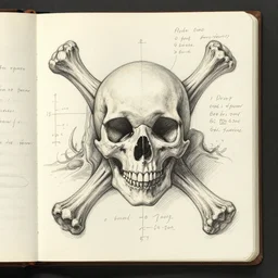 The skull and cross-section of an advanced alien species, field journal, sketch, marginalia, notes, measurements