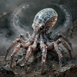 concept art of an alien cybernetic arachnid octopus made of silica crystal and translucent cables, on a rock background, surrounded by spirals of fog, grimy, gritty, trending on artstation, award winning painting, close portrait, cgi, art by david cronenberg and chris cunningham