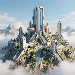 futuristic ruins on a mountainside, colorful ruins, mega ruins, clouds on mountain, ruined buildings on mountainside, cel - shading, cel - shaded, 2 0 0 1 anime, bright sunshine
