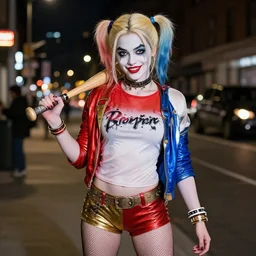 Jessica Nigri as Harley Quinn on the street in Gotham City at night, holding a baseball bat