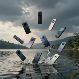 a bunch of cellphones being thrown into a lake photorealistic