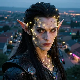 an ultra realistic, cinematic, fantasy, portrait, of an evil elf, fairy lights, facial features, overlooking a suburban area in the early 2 0 0 0's, with futuristic clothing and neon lights, detailed, deep focus, movie still, dramatic lighting, ray tracing, by michal karcz and yoshitaka amano
