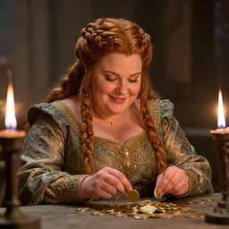 portrait, beautiful dwarven lady wearing an elegant brocade dress counting gold coins on a stone table, by greg staples, thomas kinkade, jeff easley, dungeons and dragons, lord of the rings, intricate, ultrarealistic, cheerful, complex braided hair, chubby and plump, big nose, sharp focus, torchlight, soft lighting