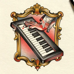 full, zoomed out, american traditional abstract tattoo art of a keyboard, concept art, baroque, fine detail, sheet paper
