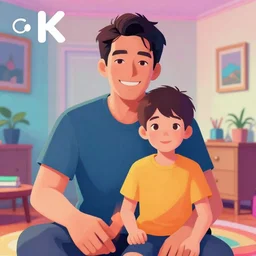 portrait of father and son at home, vaporwave digital art 4 k