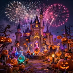 halloween celebration harvest festival with fireworks and colorful potions, volumetric lighting, 8 k octane beautifully detailed render, post - processing, extremely hyper - detailed, intricate, epic composition, cinematic lighting, masterpiece, trending on artstation, detailed detailed detailed, masterpiece, stunning art by anders zorn, wonderful masterpiece by greg rutkowski, beautiful cinematic light,