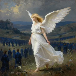 a blonde angel arriving at a valley, dramatic light on the angle, long white dress, landscape with hundreds of dark blue people, romantic painting, 8 k