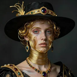 a beautiful Futuristic portrait with hat made by gold wires twisted around her face ,inspired by egon schiele ,baroque art detailed, jewelry,ornaments,new classic,hyper realistic,cinematic composition,cinematic lighting,fashion design, concept art, hdri, 4k -