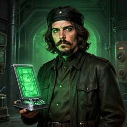 stalin as a vault boy from fallout, pipboy art, highly detailed, green hologram