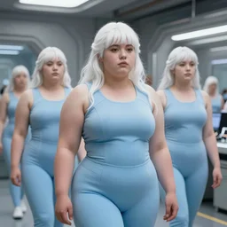 formation of determined chubby women with white hair, white hair, tight light blue neopren suits, futuristic production facility, sci - fi, highly detailed, cinematic