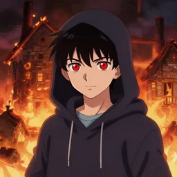 a boy in a hoodie, red eyes, a burning house in the background, by Stanley Artgerm Lau, WLOP, Rossdraws, James Jean, Andrei Riabovitchev, Marc Simonetti, Yoshitaka Amano, ArtStation, CGSociety,