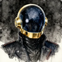 daft punk portrait watercolor, paint splatter, dark palette, detailled
