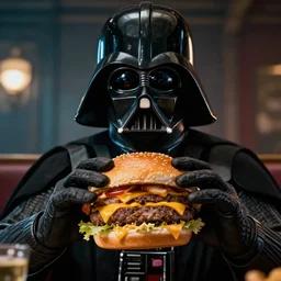 Darth Vader eating a cheeseburger, photo realistic, award-winning, highly-detailed, epic, cinematic, dramatic