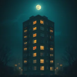 a single apartment building in a moonlit night by peter mohrbacher and jacek yerka, symmetrical composition