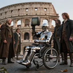 knight in rich armor in a wheelchair do tricks & watch old tv, rome, highly detailed, soft lighting, elegant, by edward hopper and james gillard, zdislaw beksinski, stephen outram, andreas m wiese, o. louis guglielmi, carl spitzweg, syd mead, rich deep colors, highly detailed, masterpiece, unreal 6, 8 k