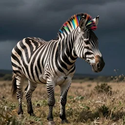 A black and white zebra with a rainbow mane drawn in a realistic style.